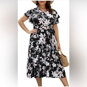 Black and white floral midi dress, V-neck and short sleeves size 14 women's
